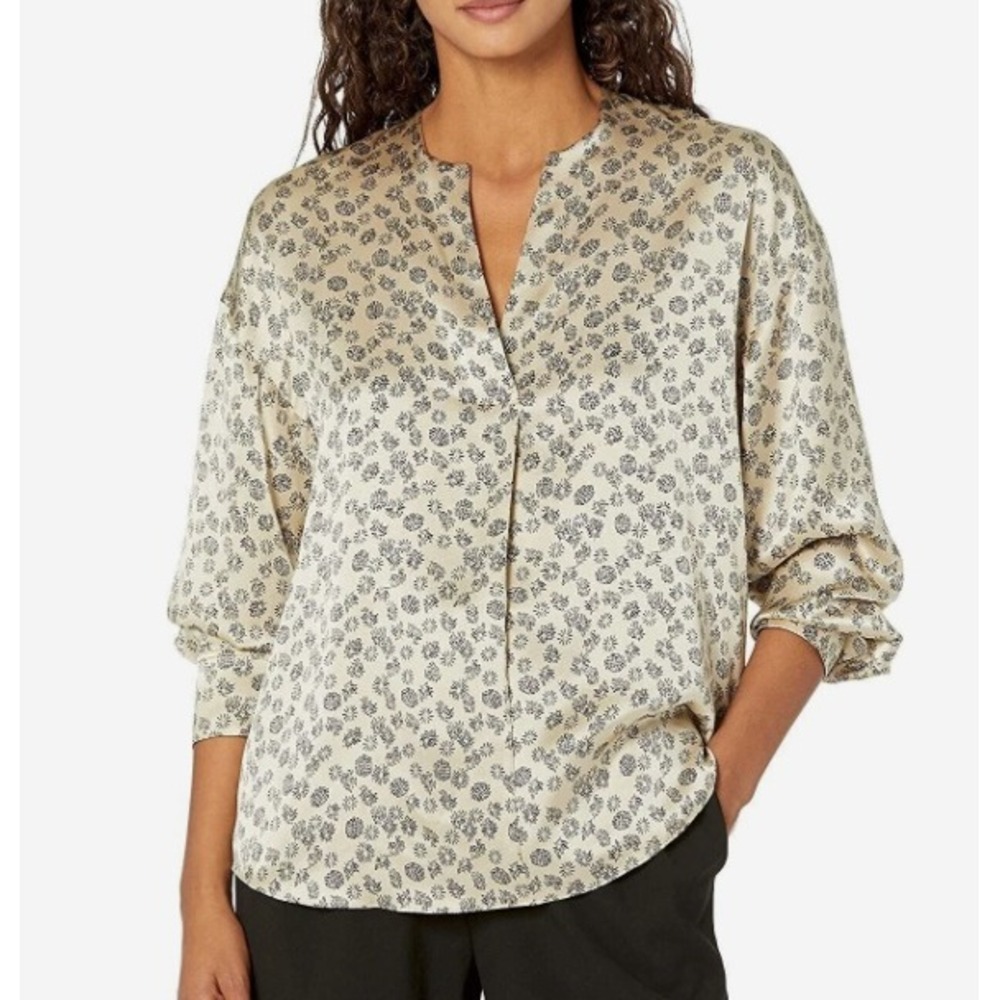 Vince Zinnia Floral Silk Blouse L Beige Black Popover Excellent V-Neck Top